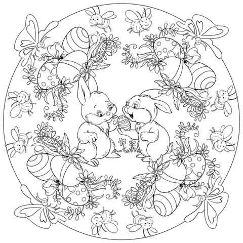 Easter Mandala With Two Rabbits And Eggs Coloring Page